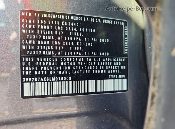 3VV2B7AX6LM076008 2020 VOLKSWAGEN TIGUAN Серый Панорамный вид салона 360°