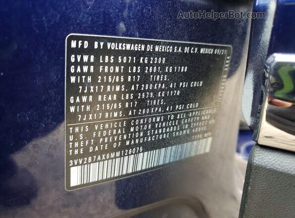3VV2B7AX6MM128075 2021 VOLKSWAGEN TIGUAN Blue Widok naklejki z numerem VIN