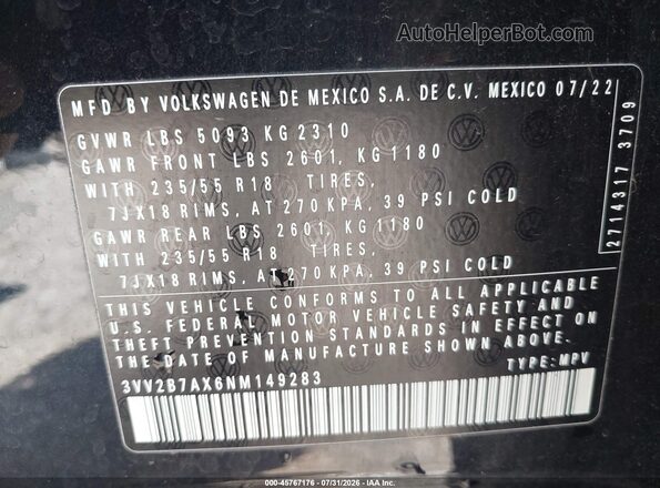 3VV2B7AX6NM149283 2022 VOLKSWAGEN TIGUAN Черный Вид подкапотного пространства