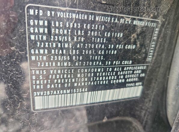 3VV2B7AX6NM153544 2022 VOLKSWAGEN TIGUAN Black Widok naklejki z numerem VIN