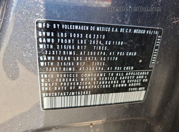 3VV2B7AX7JM162652 2018 VOLKSWAGEN TIGUAN Gray VIN sticker view