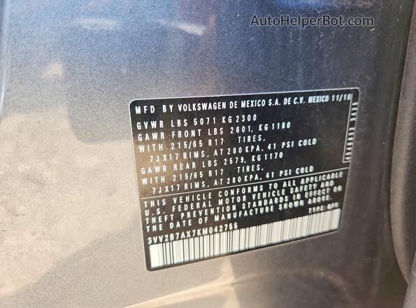 3VV2B7AX7KM042755 2019 VOLKSWAGEN TIGUAN Gray Շարժիչի բաժամունքի տեսք