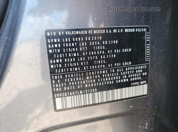 3VV2B7AX7LM131209 2020 VOLKSWAGEN TIGUAN Синий Вид наклейки с VIN-кодом