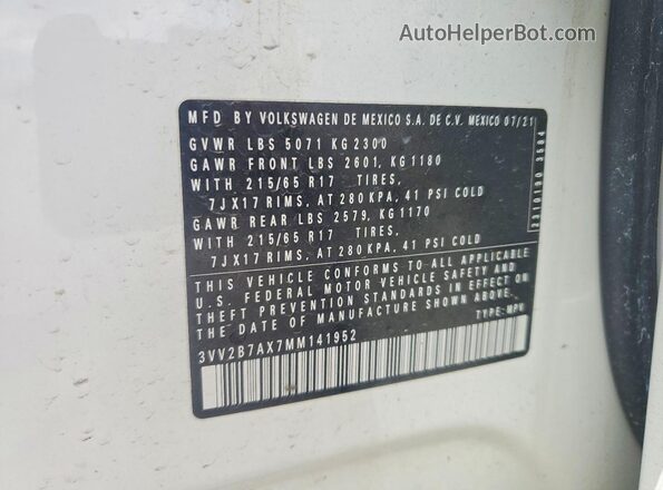 3VV2B7AX7MM141952 2021 VOLKSWAGEN TIGUAN White Вид наклейки з VIN-кодом