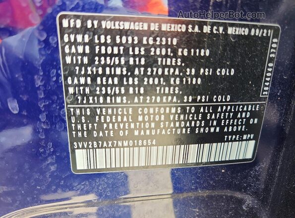 3VV2B7AX7NM018654 2022 VOLKSWAGEN TIGUAN Blue VIN კოდის სტიკერის ხედი
