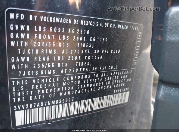 3VV2B7AX7NM039617 2022 VOLKSWAGEN TIGUAN Black Вид підкапотного простору