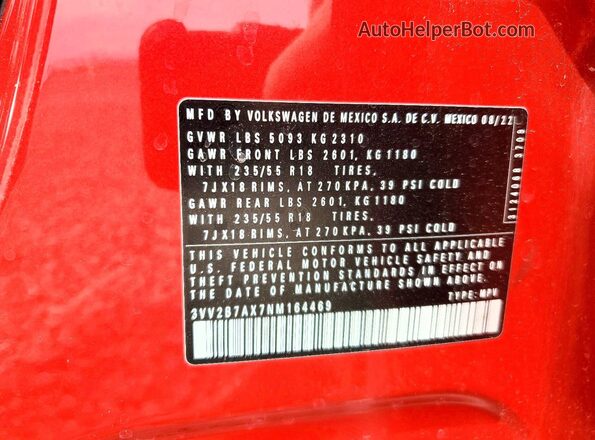 3VV2B7AX7NM164469 2022 VOLKSWAGEN TIGUAN Red Вид наклейки з VIN-кодом