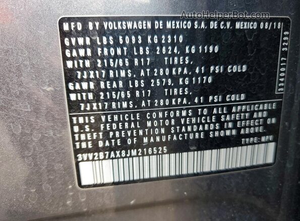 3VV2B7AX8JM216525 2018 VOLKSWAGEN TIGUAN Gray Widok naklejki z numerem VIN