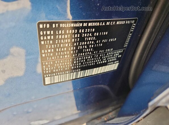 3VV2B7AX8JM218386 2018 VOLKSWAGEN TIGUAN Blue VIN sticker view