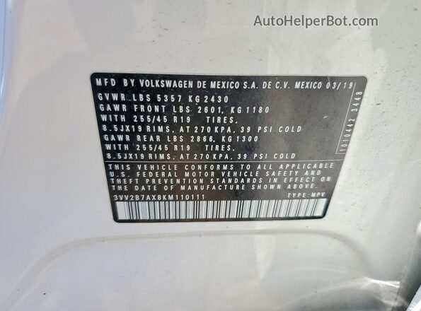 3VV2B7AX8KM110111 2019 VOLKSWAGEN TIGUAN White Vista de la etiqueta del VIN