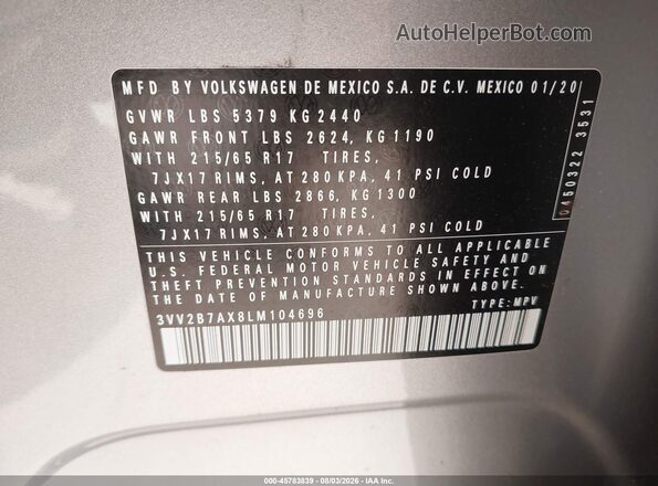 3VV2B7AX8LM104696 2020 VOLKSWAGEN TIGUAN Silver Շարժիչի բաժամունքի տեսք