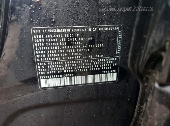 3VV2B7AX8LM138301 2020 VOLKSWAGEN TIGUAN Black Vista de la etiqueta del VIN