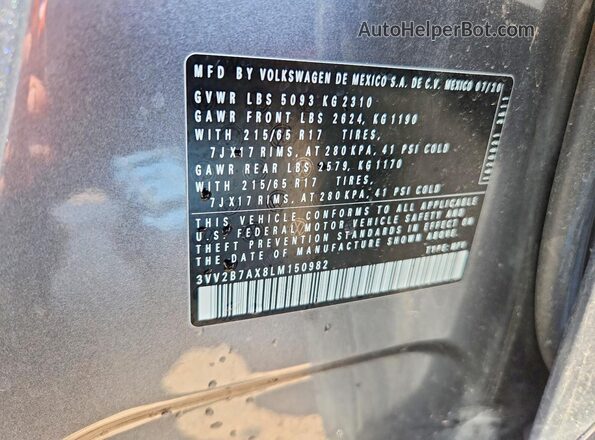 3VV2B7AX8LM150982 2020 VOLKSWAGEN TIGUAN Gray VIN կոդի պիտակի տեսք