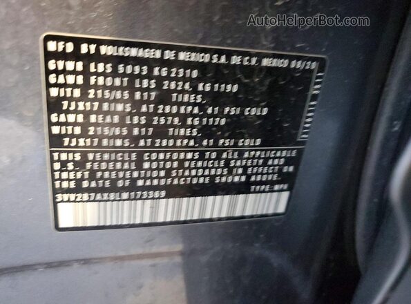 3VV2B7AX8LM173369 2020 VOLKSWAGEN TIGUAN Gray VIN კოდის სტიკერის ხედი
