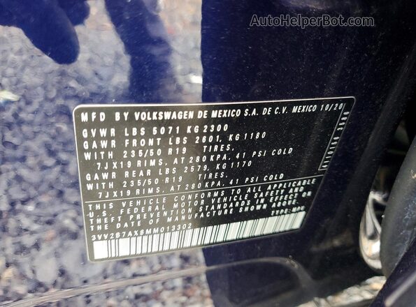 3VV2B7AX8MM013302 2021 VOLKSWAGEN TIGUAN Blue VIN կոդի պիտակի տեսք