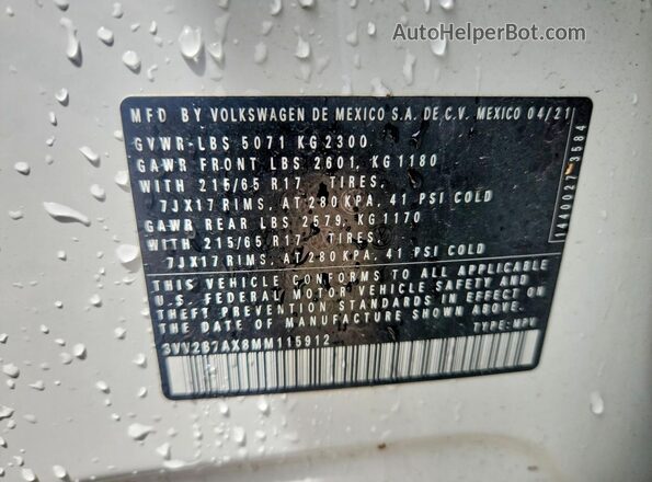 3VV2B7AX8MM115912 2021 VOLKSWAGEN TIGUAN White VIN კოდის სტიკერის ხედი