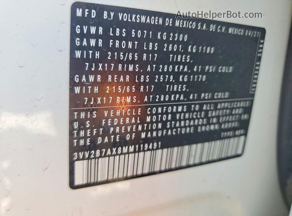 3VV2B7AX8MM119491 2021 VOLKSWAGEN TIGUAN White Widok wnętrza 360 stopni