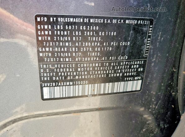 3VV2B7AX8MM135030 2021 VOLKSWAGEN TIGUAN Gray Widok naklejki z numerem VIN
