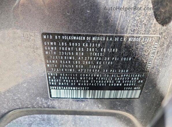 3VV2B7AX8NM043577 2022 VOLKSWAGEN TIGUAN Gray Widok naklejki z numerem VIN