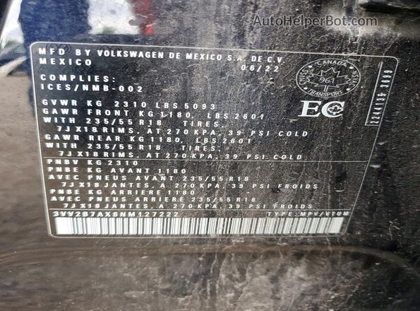 3VV2B7AX8NM127222 2022 VOLKSWAGEN TIGUAN Черный Вид наклейки с VIN-кодом