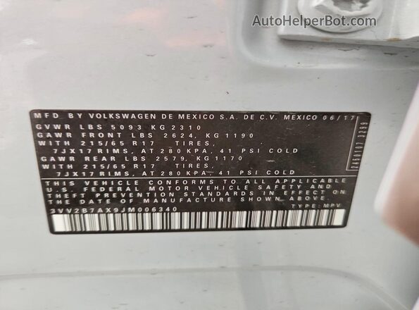 3VV2B7AX9JM006340 2018 VOLKSWAGEN TIGUAN White Вид наклейки з VIN-кодом