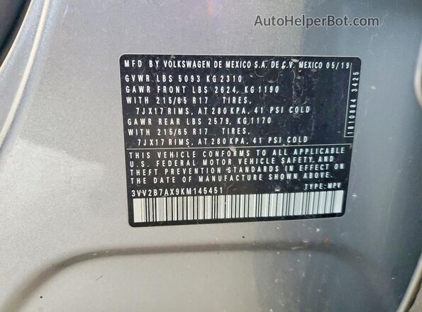 3VV2B7AX9KM145451 2019 VOLKSWAGEN TIGUAN Gray Vista de la etiqueta del VIN