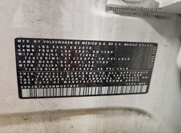 3VV2B7AX9NM091802 2022 VOLKSWAGEN TIGUAN White Вид наклейки з VIN-кодом