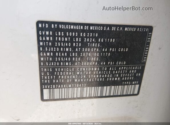 3VV2B7AXXLM119412 2020 VOLKSWAGEN TIGUAN White Вид підкапотного простору