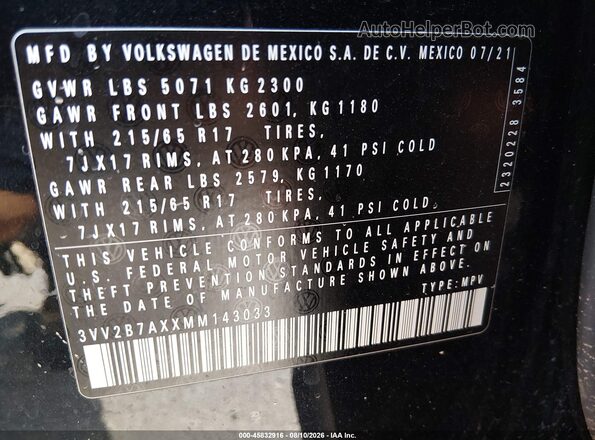 3VV2B7AXXMM143033 2021 VOLKSWAGEN TIGUAN Black Շարժիչի բաժամունքի տեսք