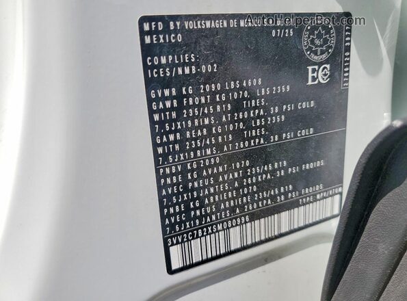 3VV2C7B2XSM080996 2025 VOLKSWAGEN TAOS Белый Вид наклейки с VIN-кодом