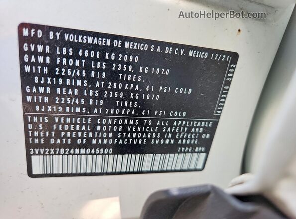 3VV2X7B24NM045900 2022 VOLKSWAGEN TAOS White Vista de la etiqueta del VIN