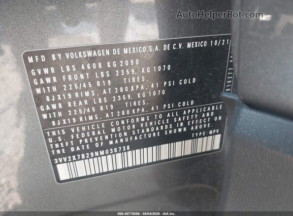 3VV2X7B29NM036738 2022 VOLKSWAGEN TAOS Gray Շարժիչի բաժամունքի տեսք