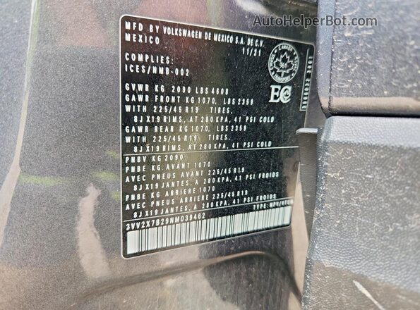 3VV2X7B29NM039462 2022 VOLKSWAGEN TAOS Gray Widok naklejki z numerem VIN