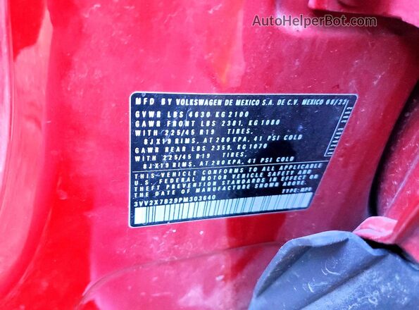 3VV2X7B29PM303640 2023 VOLKSWAGEN TAOS Red Вид наклейки з VIN-кодом