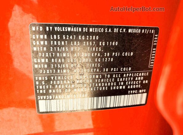 3VV3B7AX0JM191446 2018 VOLKSWAGEN TIGUAN Orange Widok wnętrza 360 stopni