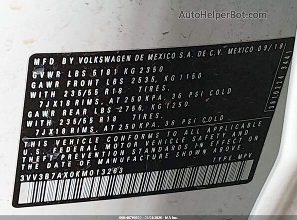 3VV3B7AX0KM013263 2019 VOLKSWAGEN TIGUAN White Вид підкапотного простору