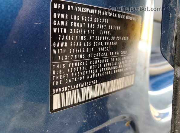 3VV3B7AX0KM152759 2019 VOLKSWAGEN TIGUAN Синий Вид наклейки с VIN-кодом