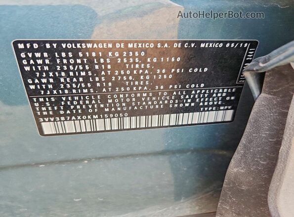 3VV3B7AX0KM159050 2019 VOLKSWAGEN TIGUAN Teal Vista de la etiqueta del VIN