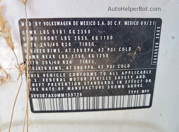 3VV3B7AX0MM159729 2021 VOLKSWAGEN TIGUAN Белый Вид наклейки с VIN-кодом