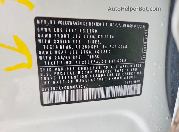 3VV3B7AX0NM065397 2022 VOLKSWAGEN TIGUAN White Вид наклейки з VIN-кодом