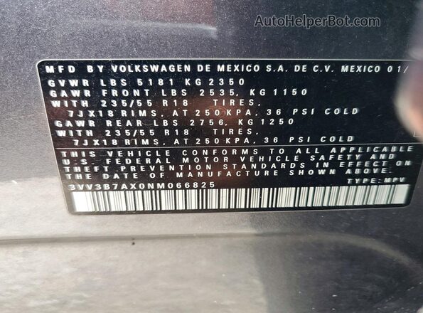 3VV3B7AX0NM066825 2022 VOLKSWAGEN TIGUAN Gray VIN sticker view
