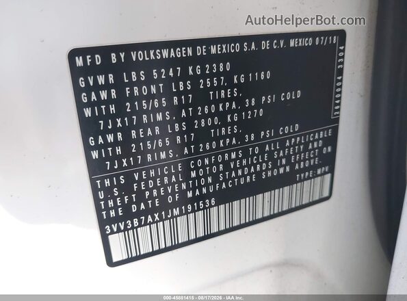 3VV3B7AX1JM191536 2018 VOLKSWAGEN TIGUAN White Widok komory silnika