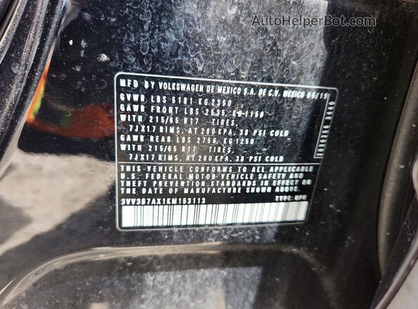 3VV3B7AX1KM153113 2019 VOLKSWAGEN TIGUAN Black Vista de la etiqueta del VIN