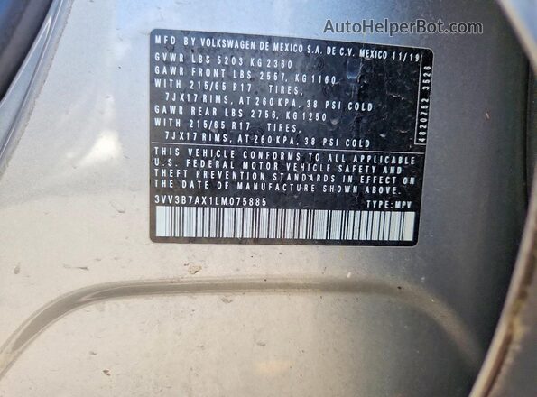 3VV3B7AX1LM075885 2020 VOLKSWAGEN TIGUAN Silver Вид наклейки з VIN-кодом