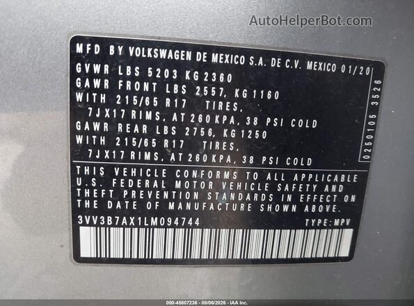 3VV3B7AX1LM094744 2020 VOLKSWAGEN TIGUAN Gray Вид підкапотного простору