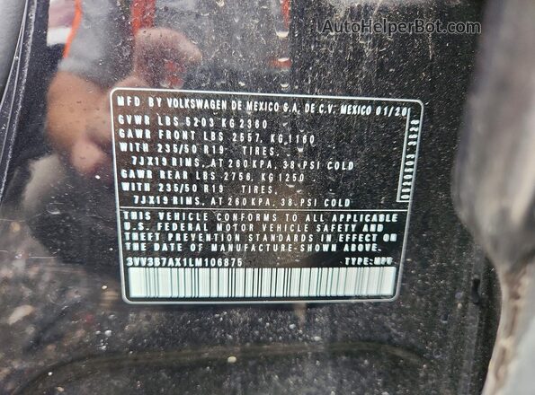 3VV3B7AX1LM106875 2020 VOLKSWAGEN TIGUAN Черный Вид наклейки с VIN-кодом