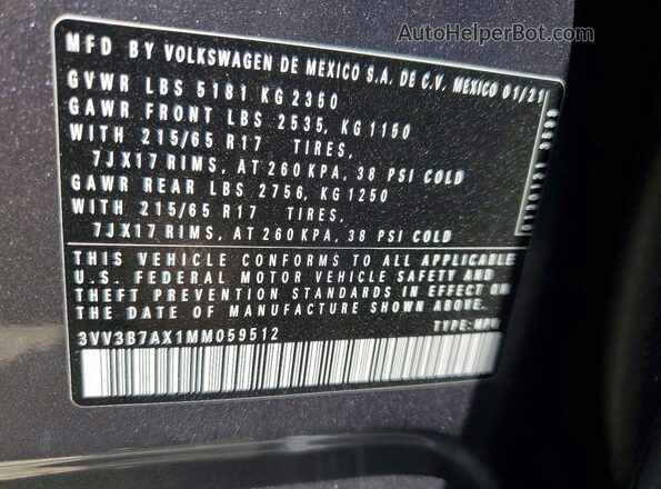 3VV3B7AX1MM059512 2021 VOLKSWAGEN TIGUAN Gray VIN կոդի պիտակի տեսք