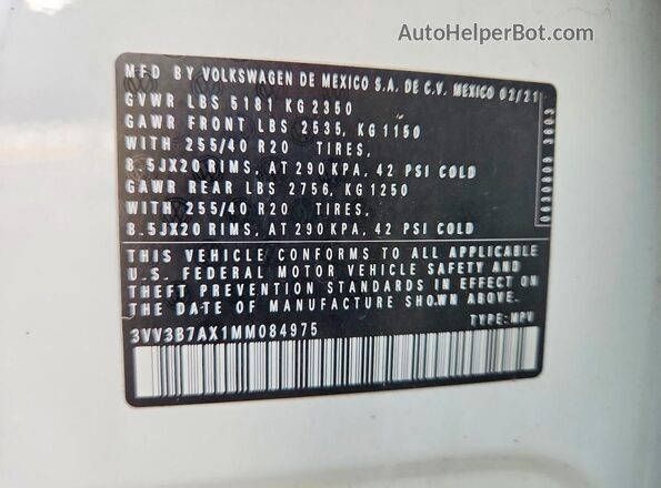 3VV3B7AX1MM084975 2021 VOLKSWAGEN TIGUAN Белый Вид подкапотного пространства