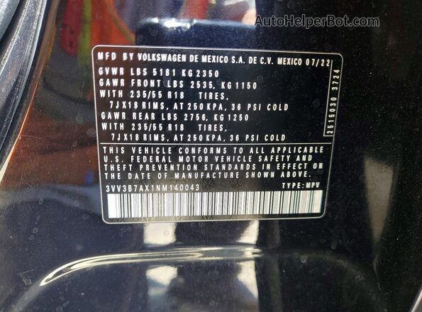 3VV3B7AX1NM140043 2022 VOLKSWAGEN TIGUAN Black Widok naklejki z numerem VIN