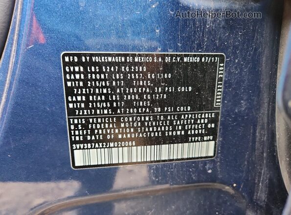 3VV3B7AX2JM020066 2018 VOLKSWAGEN TIGUAN Blue Вид наклейки з VIN-кодом